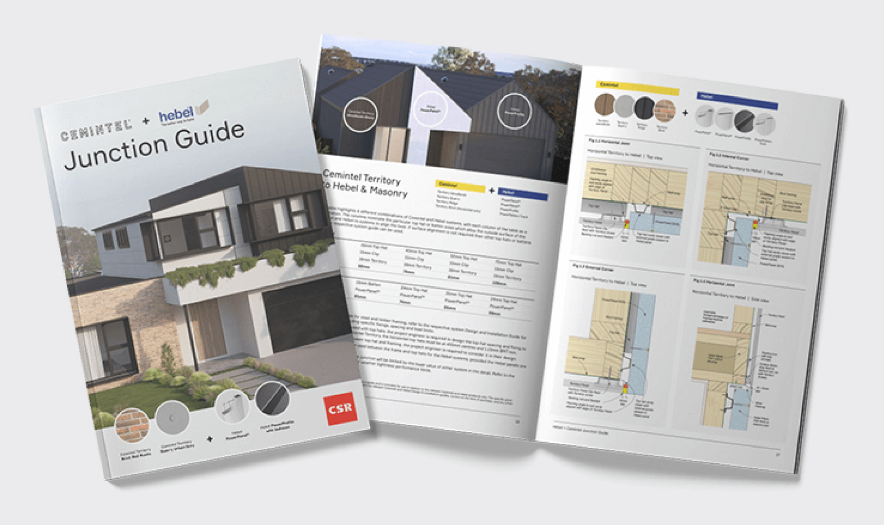 Cemintel-Junction-Guide-image Image of a "Cemintel + Hebel Junction Guide" booklet. The cover shows a modern house, and the booklet is open to pages with diagrams and color samples for construction details.